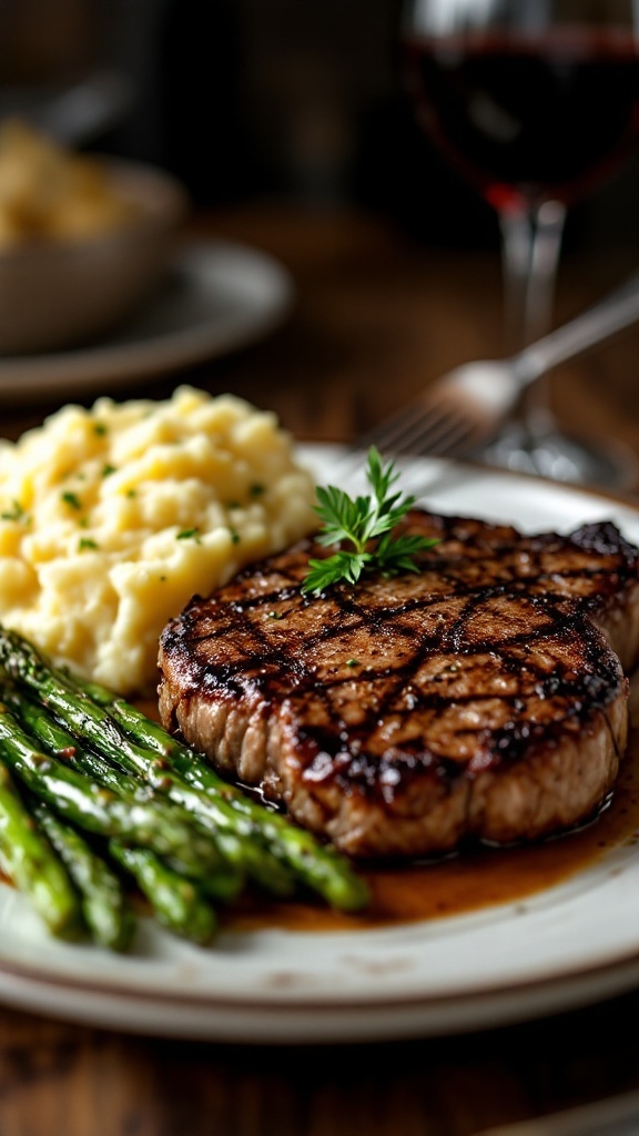 A delicious classic steak dinner featuring a grilled steak, mashed potatoes, and asparagus, accompanied by a glass of red wine.