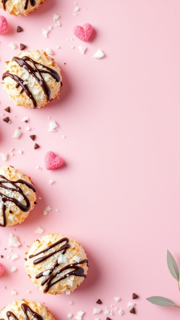 Coconut macaroons drizzled with chocolate on a pink background.