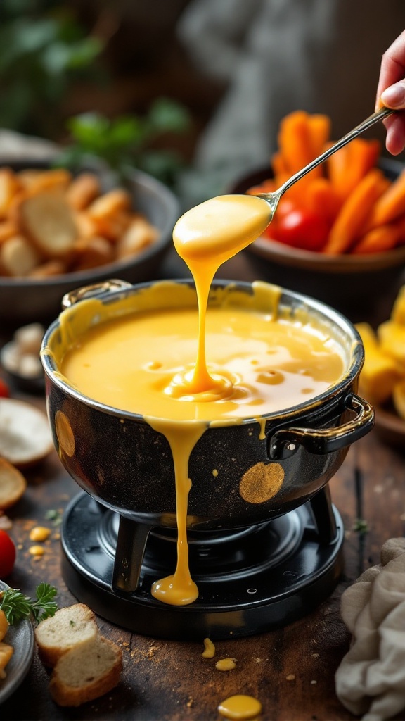 A black fondue pot filled with melted cheese, surrounded by pieces of bread and cherry tomatoes.