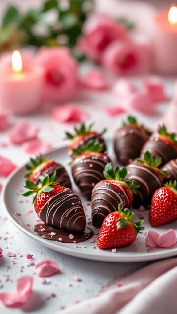 A plate of chocolate-covered strawberries decorated with pink rose petals and candles.