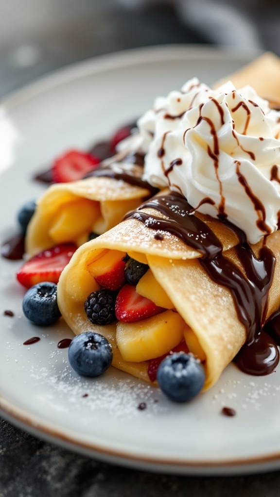 Delicious crepes with fresh fruits, chocolate sauce, and whipped cream