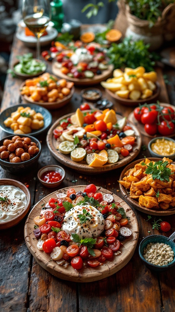 A vibrant tapas spread with various small dishes including pasta, tomatoes, and garnishes on a rustic wooden table.