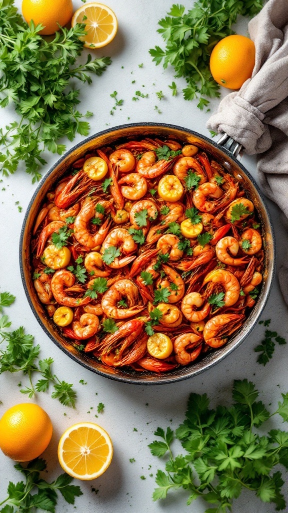 A vibrant seafood paella with shrimp, lemon, and fresh herbs.