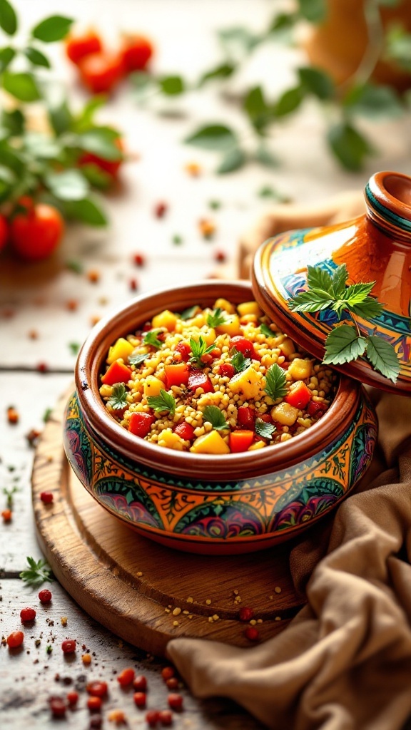 A colorful Moroccan tagine filled with couscous, peppers, and herbs on a wooden board.