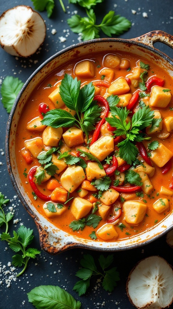 A bowl of colorful Thai curry with vegetables and herbs.