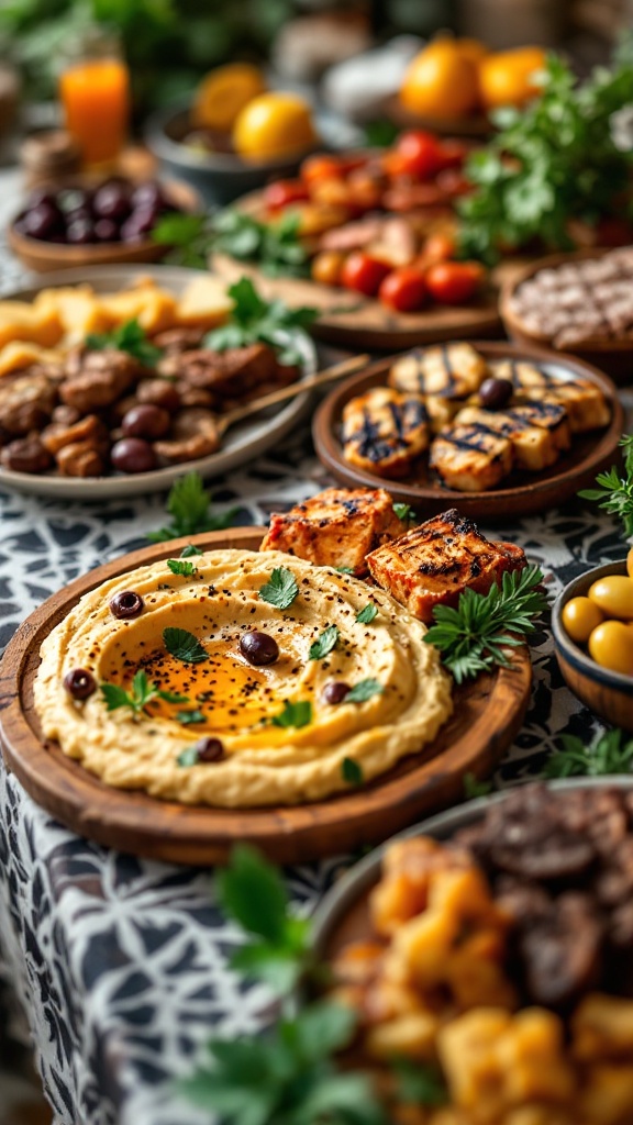 A beautiful Mediterranean dinner spread with grilled chicken, hummus, olives, and fresh herbs.