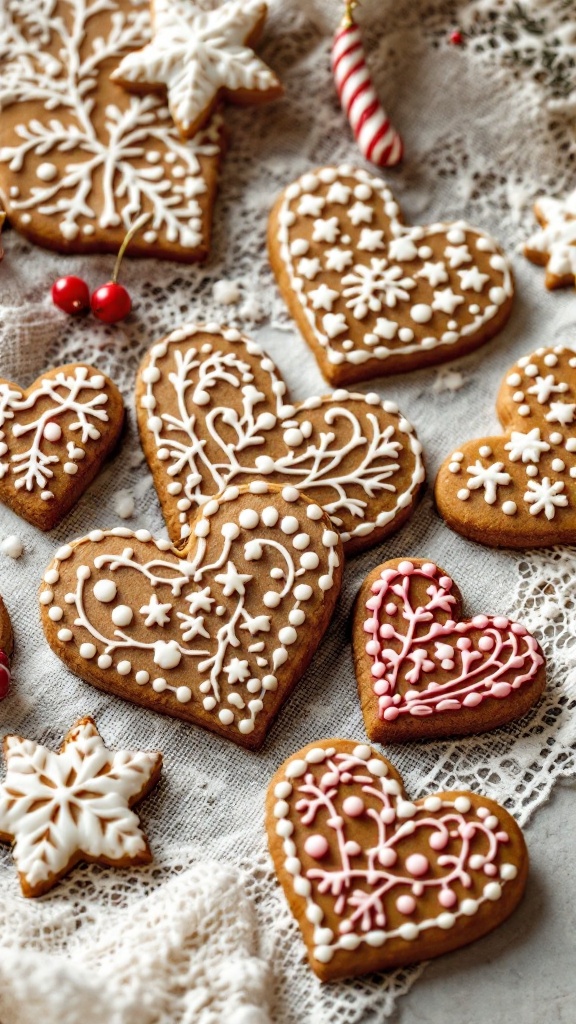 A selection of beautifully decorated gingerbread heart cookies on a lace tablecloth with festive decorations.