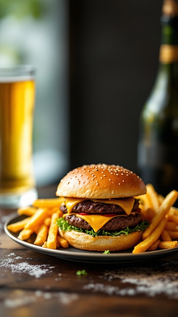 Gourmet burger with cheese, lettuce, and fries on a plate, served with a drink.