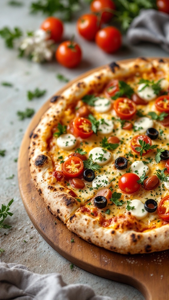 Gourmet pizza topped with cherry tomatoes, olives, and herbs on a wooden board