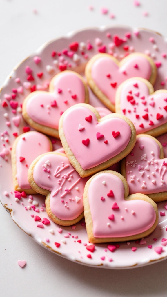 Decorated heart-shaped sugar cookies in various shades of pink and red on a pink background