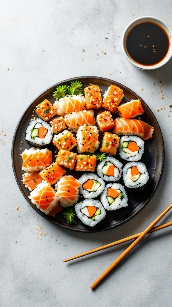 A beautifully arranged platter of various sushi rolls and sashimi with a side of soy sauce and chopsticks.