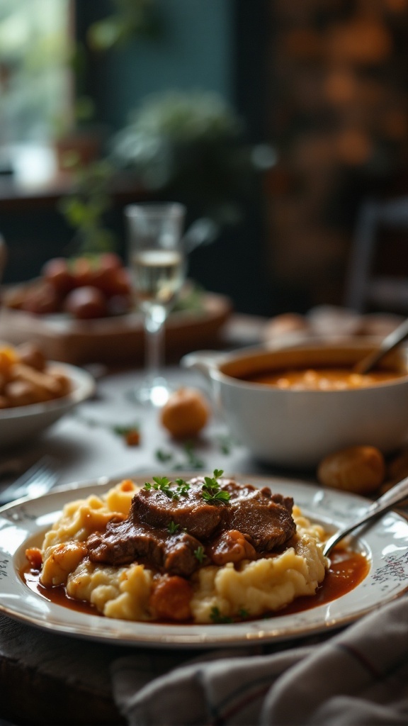 A plate of homestyle comfort food with mashed potatoes and beef in gravy.