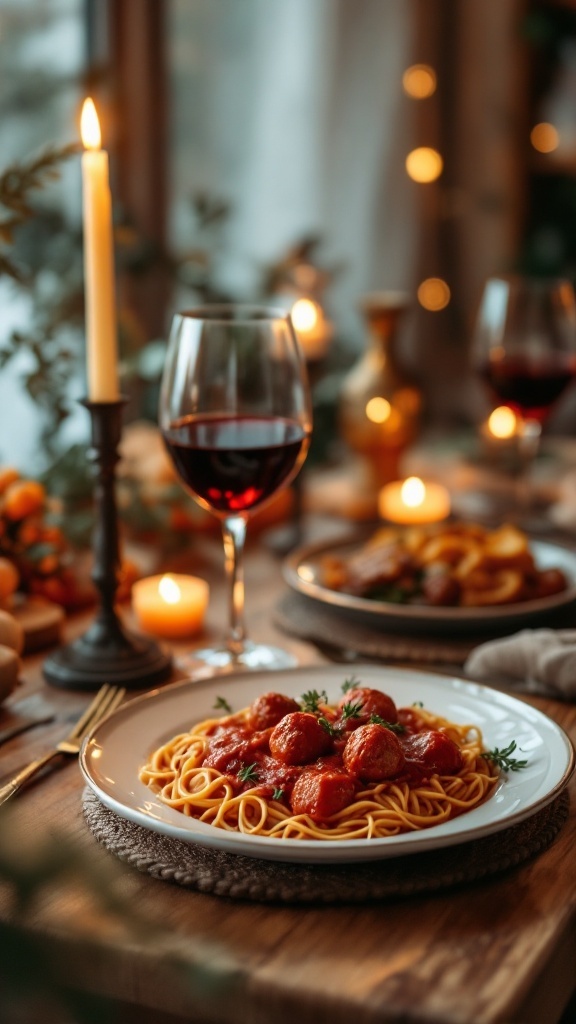 A cozy dinner setting with spaghetti and meatballs, red wine, and candles.