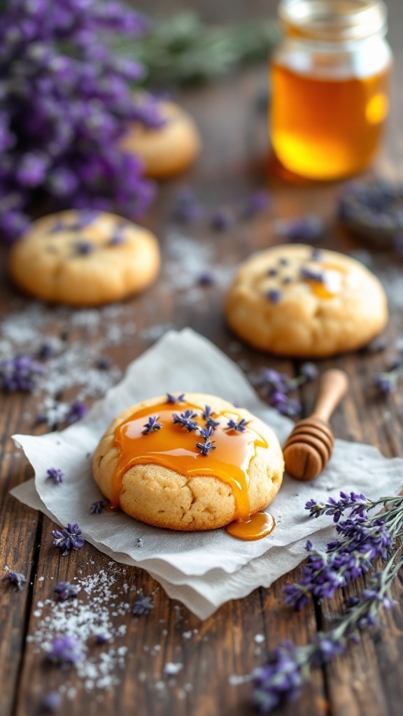 Lavender honey cookies drizzled with honey and garnished with lavender flowers