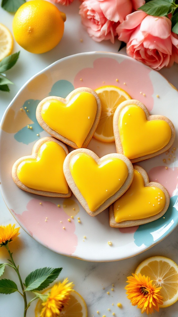 Three heart-shaped lemon cookies on a pastel plate, decorated with pink and blue icing and surrounded by flowers and lemon slices.