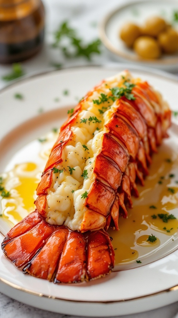 A beautifully presented lobster tail with garlic butter, garnished with parsley.