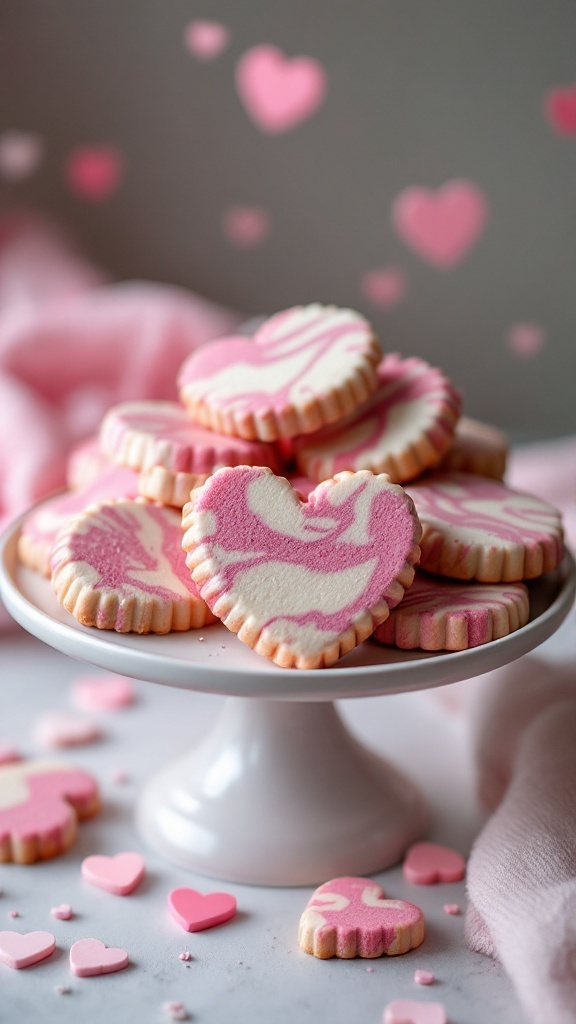 A plate of marbled pink and white heart-shaped cookies.