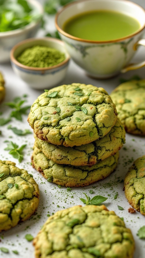 Matcha green tea cookies with green tea in a cup and leaves around them.