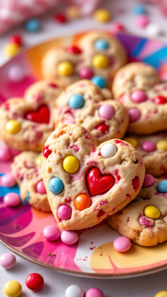 A plate of heart-shaped cookies with pink and white icing surrounded by colorful M&M's