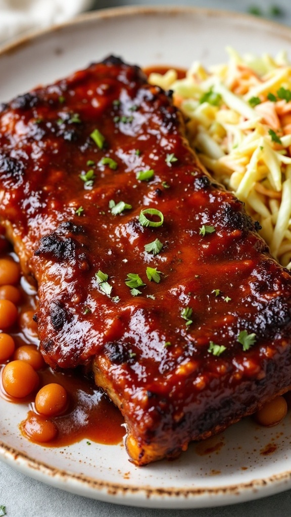 A plate of BBQ ribs with sauce and sides of coleslaw and baked beans.