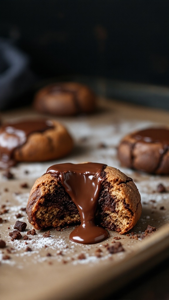 Nutella stuffed cookies with melted chocolate center on a baking tray.