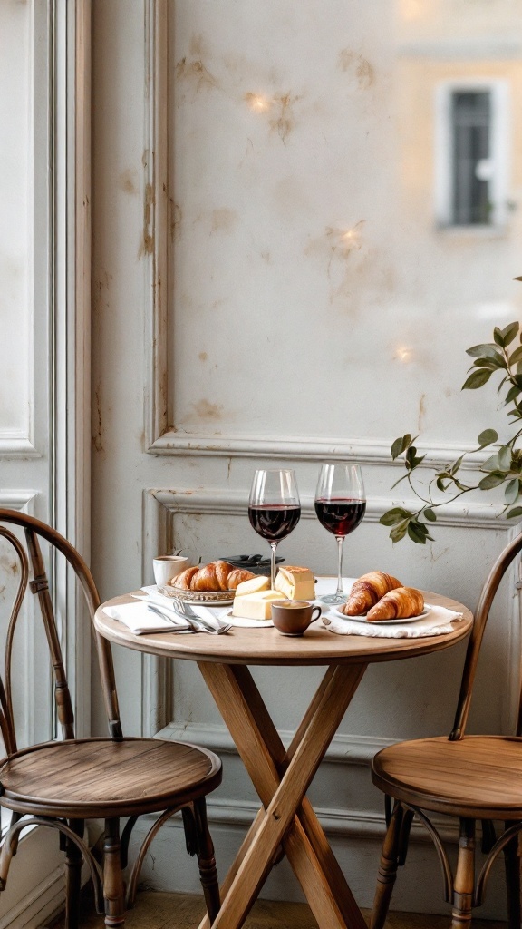 A cozy bistro table setting with red wine, croissants, and cheese.