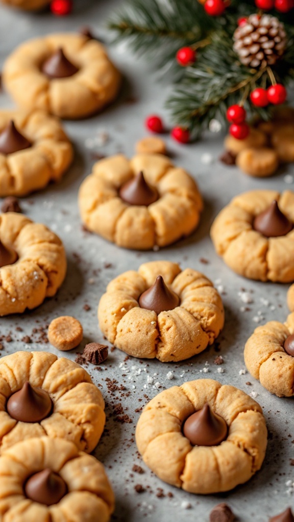 Delicious peanut butter blossoms with chocolate kisses on top, perfect for Valentine's Day gifting.