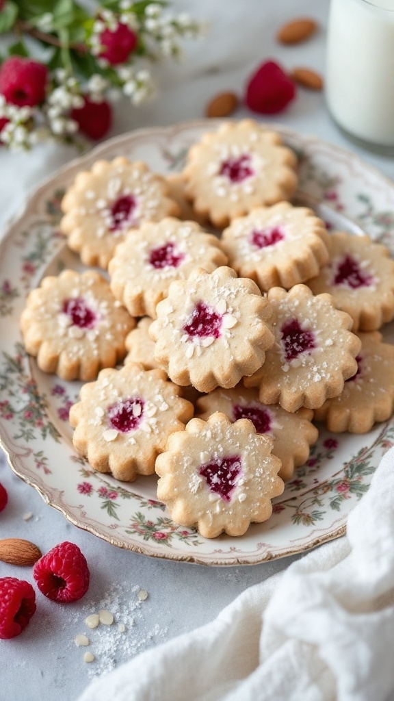 A plate of raspberry almond shortbread cookies with a few raspberries and almonds scattered around.