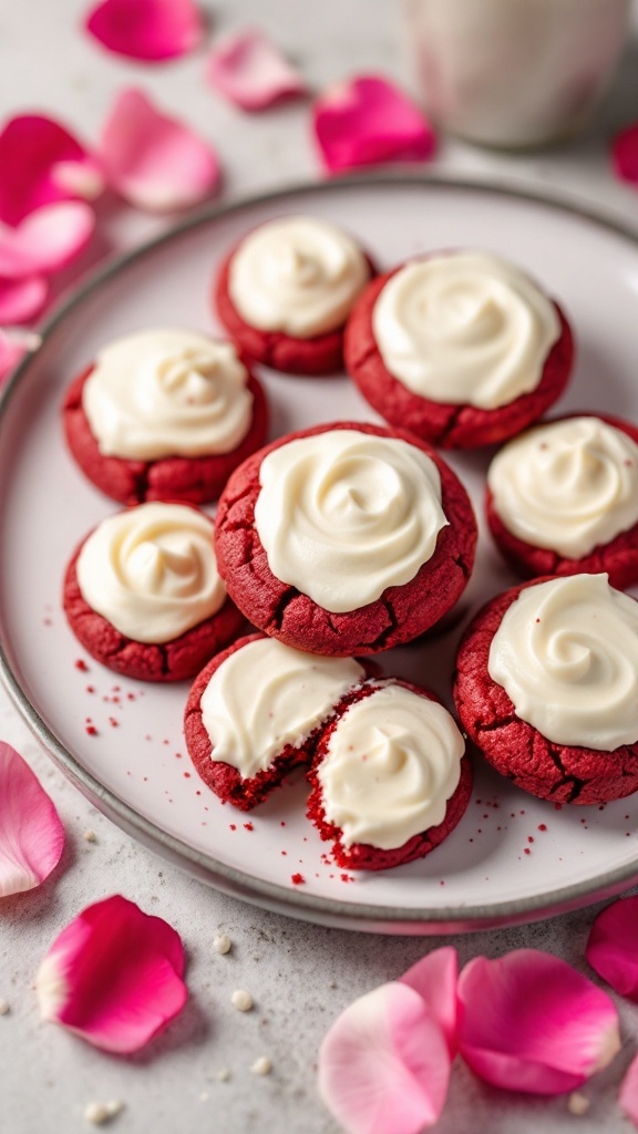 Red velvet cookies with cream cheese frosting on a plate surrounded by rose petals.