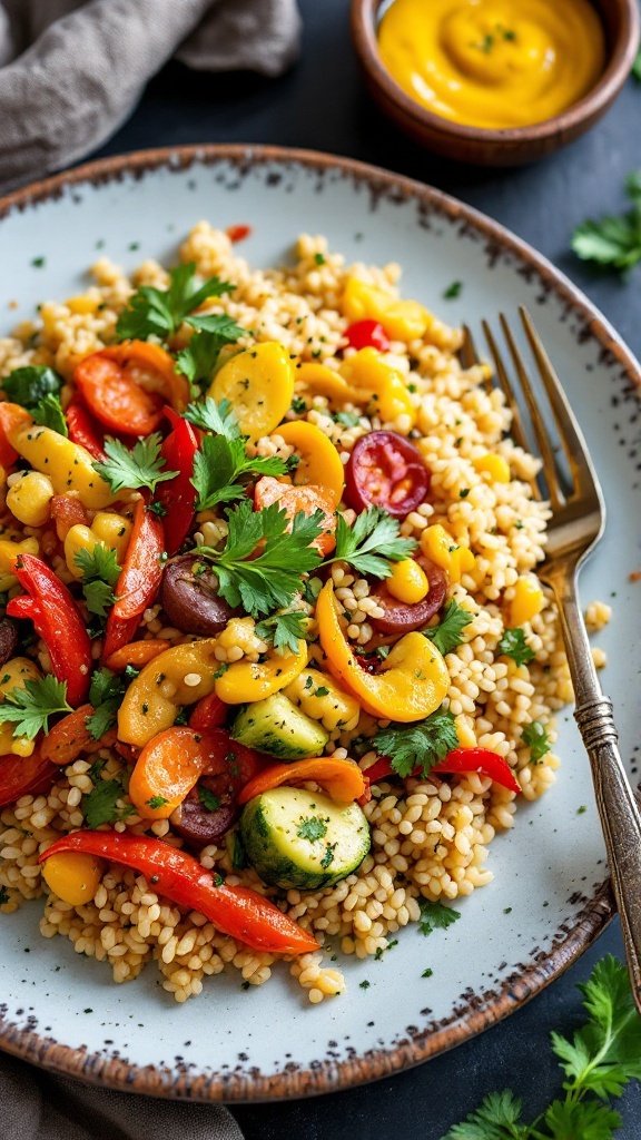 Colorful vegan couscous dish with mixed vegetables and sauce