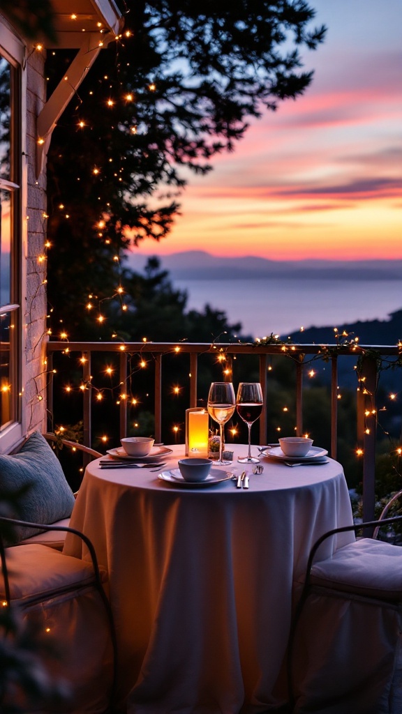 A romantic balcony dinner setting with a table for two, candles, and sunset view.