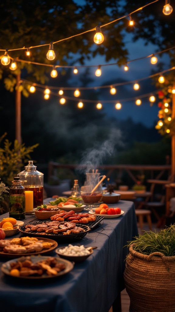 A barbecue scene with lights and a starry night sky.