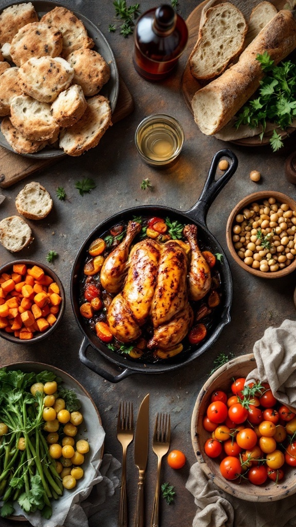 A rustic country dinner spread with roasted chicken, colorful vegetables, and fresh bread.