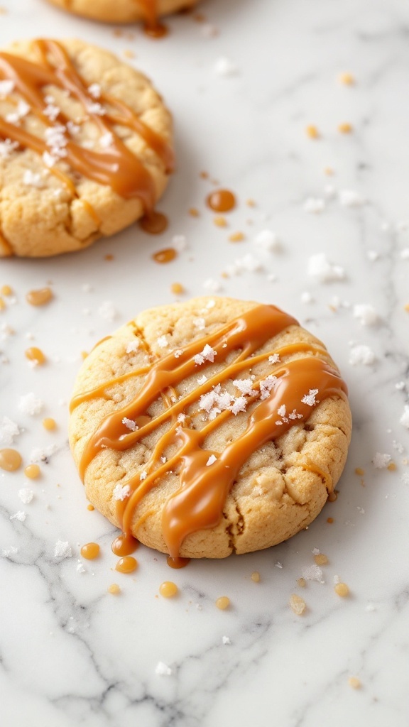 Close-up of salted caramel cookie with caramel drizzle and sea salt