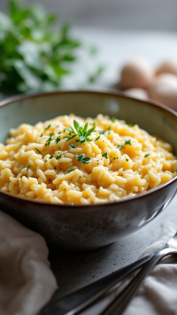 A bowl of creamy risotto garnished with herbs, with a blurred background of herbs and eggs.