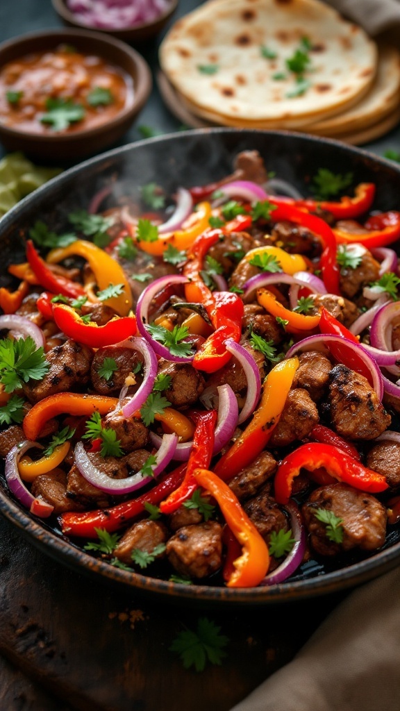 A vibrant plate of sizzling fajitas with colorful peppers and onions.