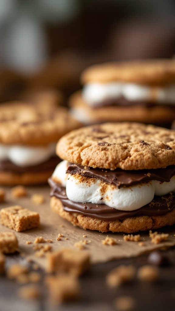 Close-up of s'mores cookies with chocolate and marshmallow filling