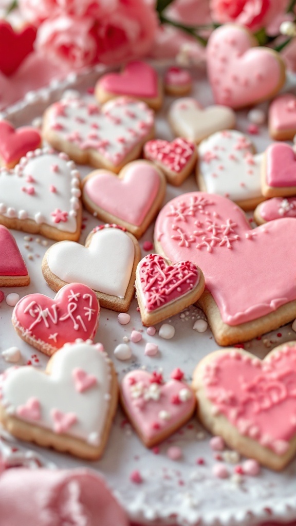 A variety of heart-shaped sugar cookies decorated with royal icing in shades of pink and white.