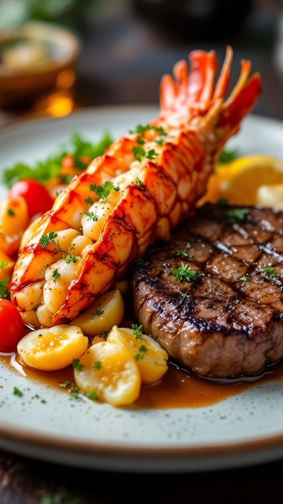 A plate featuring grilled lobster tail and a juicy steak, paired with roasted potatoes and garnished with herbs.