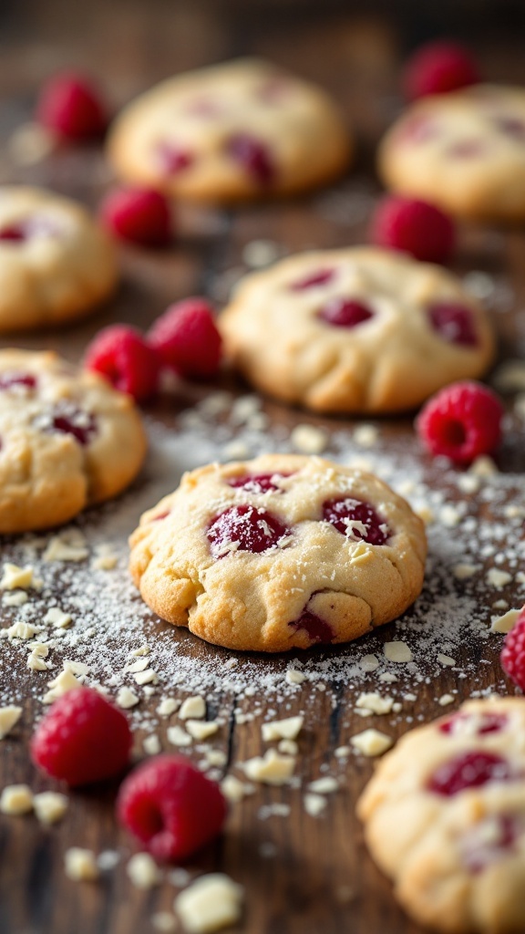 Close-up of white chocolate raspberry cookies with raspberries and white chocolate shavings.