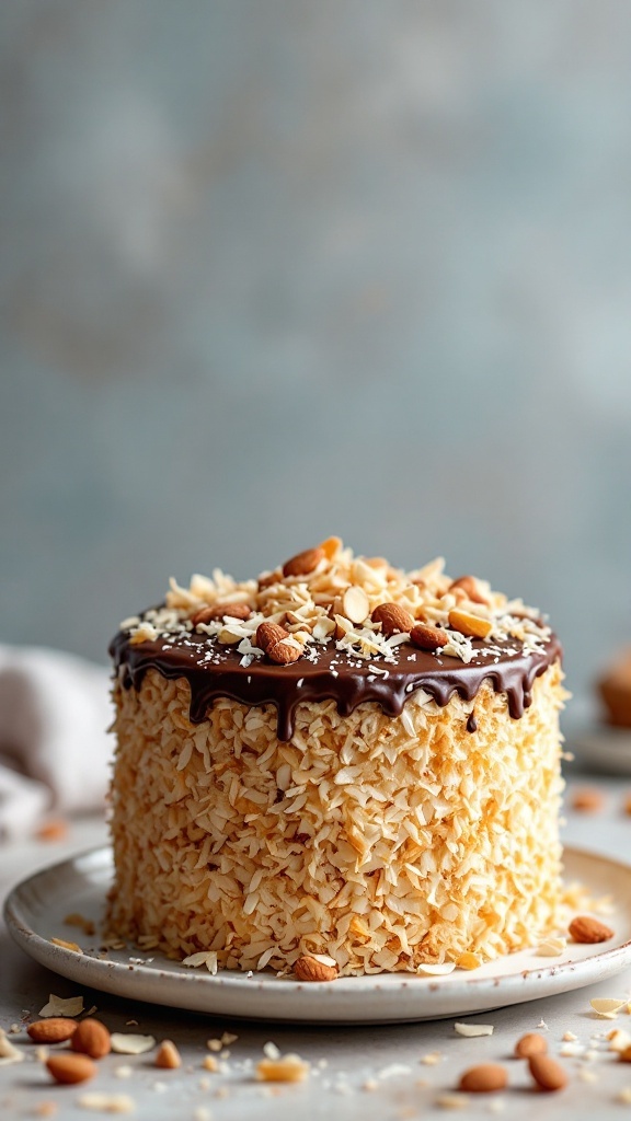 A beautifully decorated Almond Joy Cake topped with chocolate and almonds.