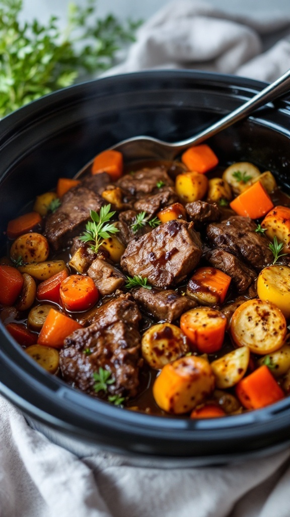 A slow cooker filled with balsamic beef and mixed vegetables, including carrots and potatoes.