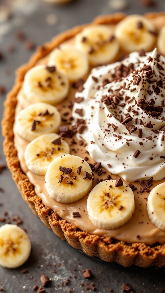 A delicious banoffee pie topped with banana slices and whipped cream.