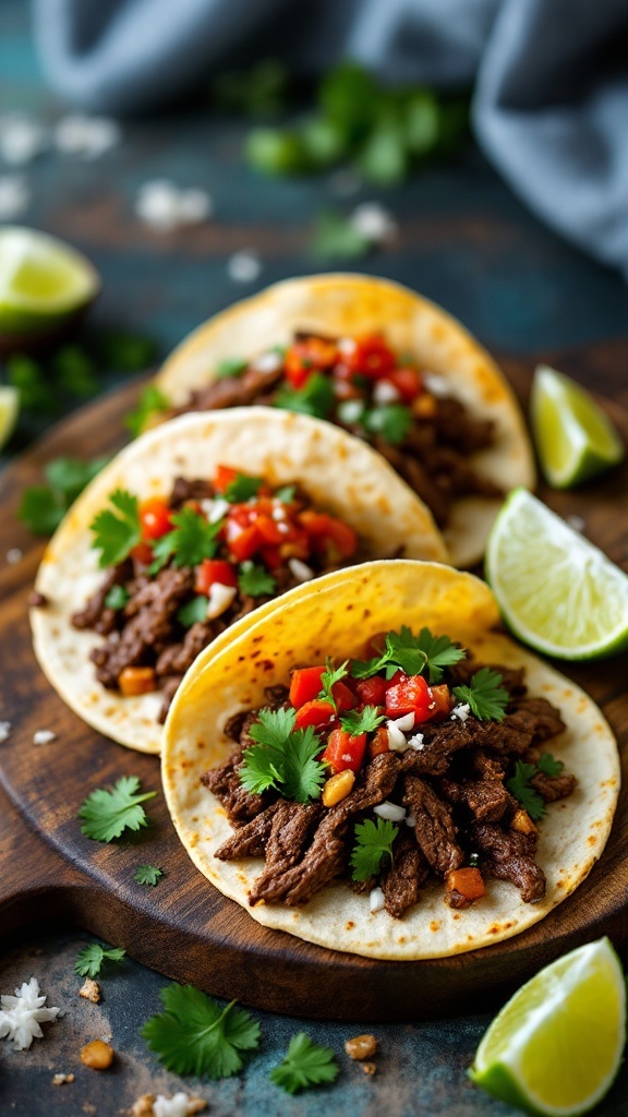 Three barbacoa beef tacos topped with fresh salsa and cilantro, served with lime wedges.