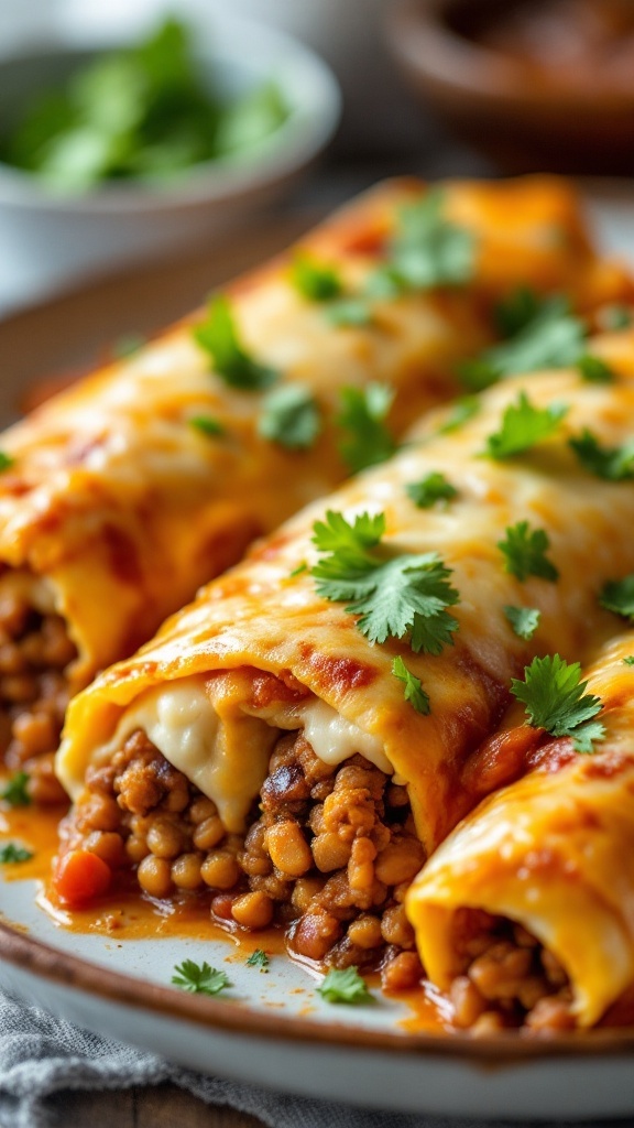 Plate of beef and bean enchiladas garnished with cilantro