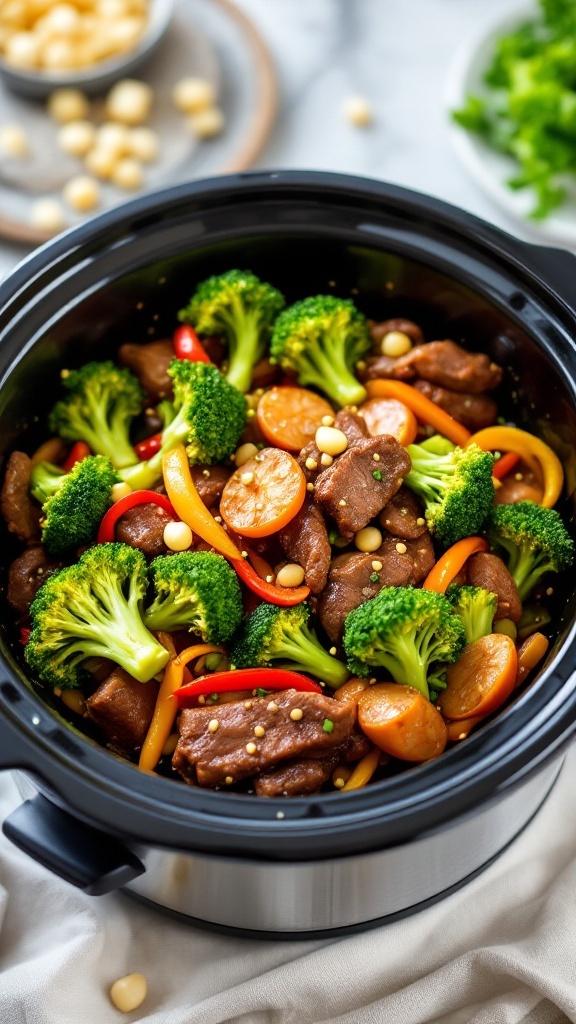 A colorful beef and broccoli stir-fry in a slow cooker with broccoli, peppers, and carrots.