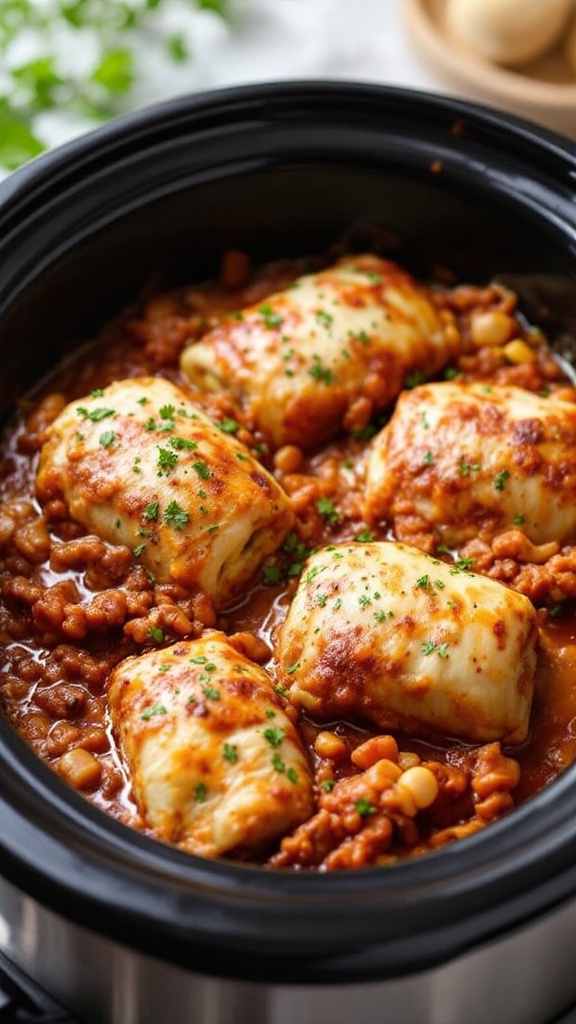 Beef and cabbage roll casserole in a slow cooker