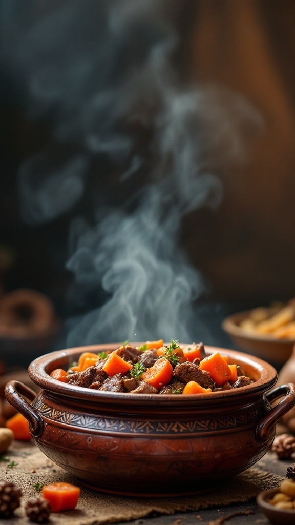 A steaming bowl of beef and carrot tagine with herbs and spices