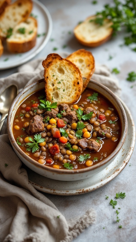 A bowl of beef and lentil soup topped with parsley, served with slices of toasted bread.