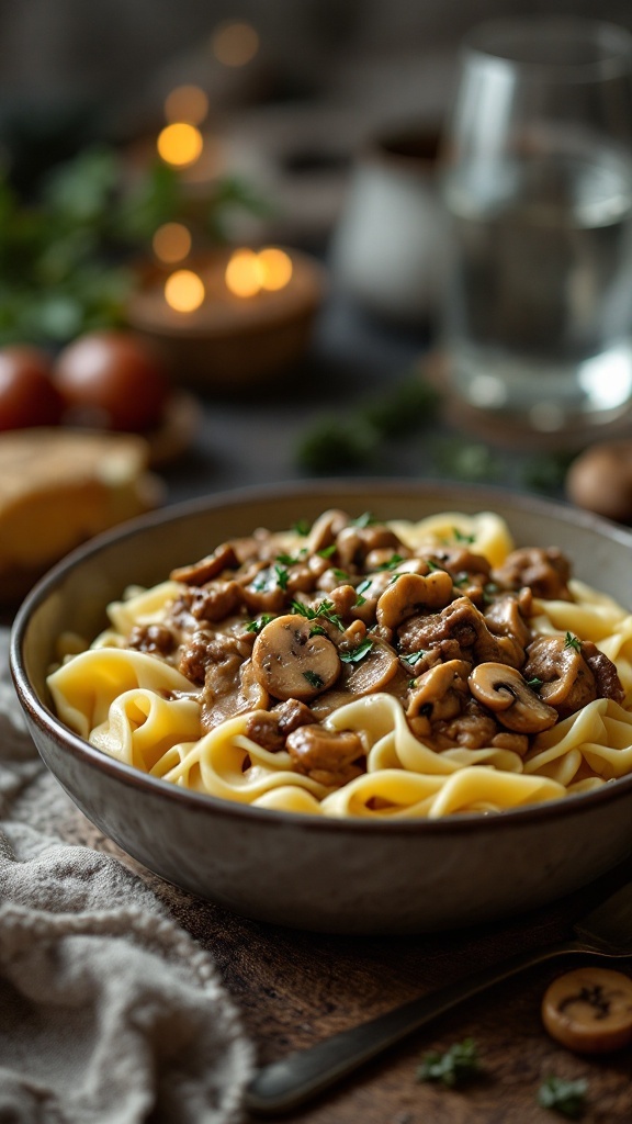 A bowl of beef and mushroom stroganoff served over noodles, garnished with herbs.